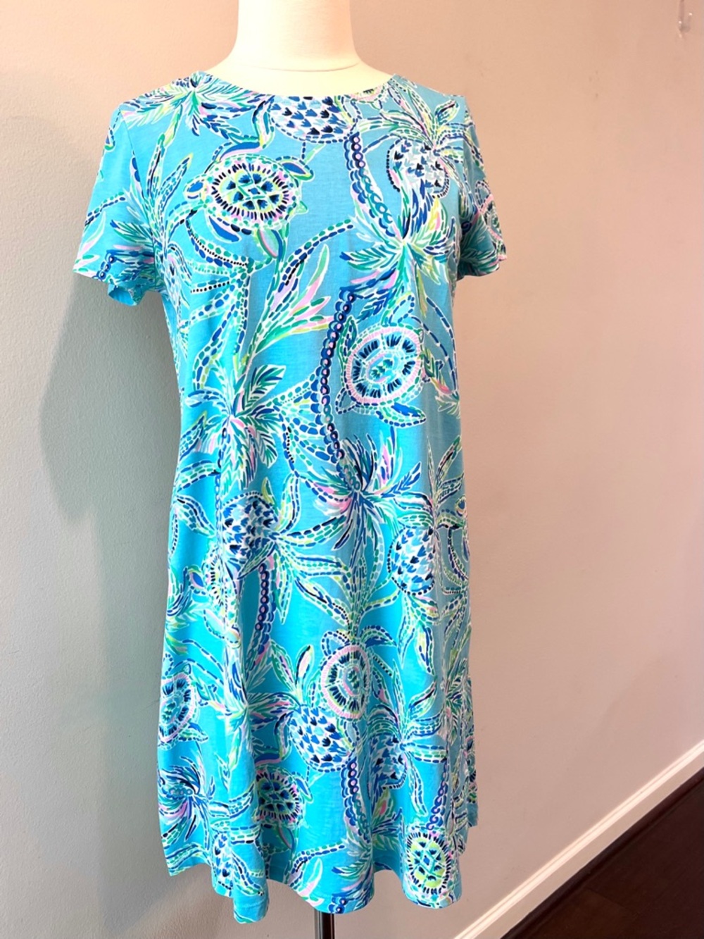 Lilly Pulitzer Kimi Swing Dress – Bermuda Blue Turtle – Size L lattice back. EUC